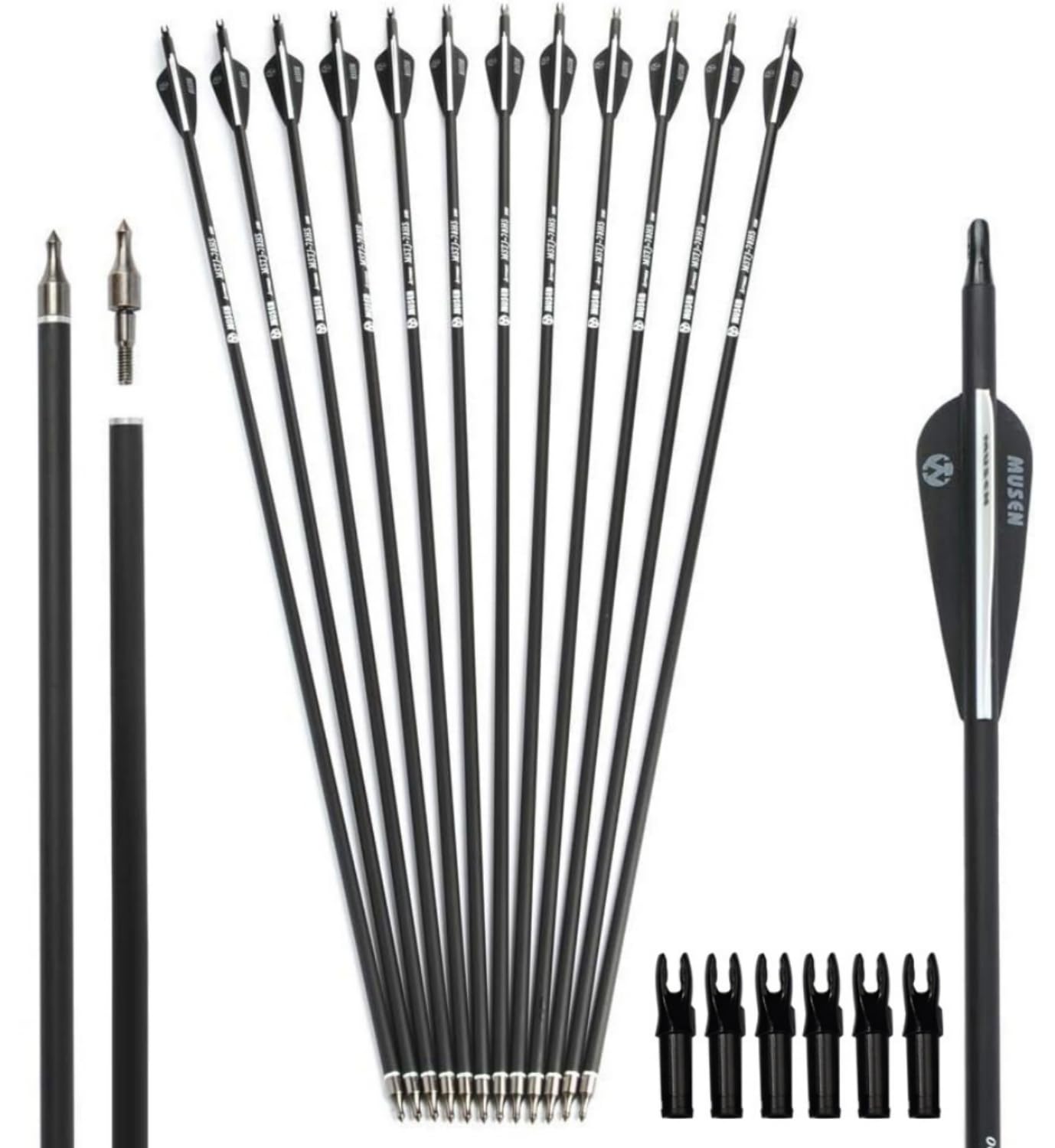 Musen 28"/30" Carbon Archery Arrows Shaft Spine 500 with Removable Tips GPI 13.0 Hunting and Target Practice Arrows for Both Compound Bow and Recurve Bow 12 Pcs