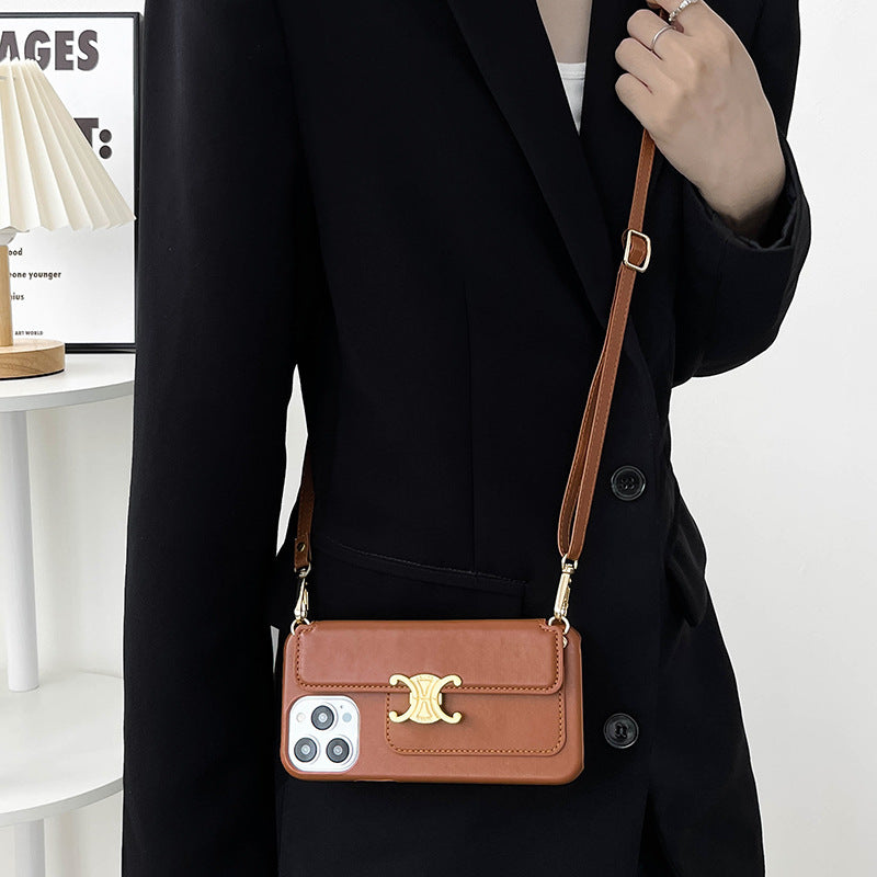 Brown Crossbody Card Holder Case for iPhone 12-15 Pro Max