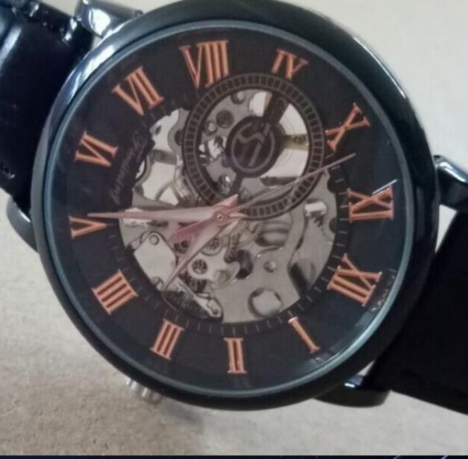 Hollow Design Manual Mechanical Watch with Leather Strap