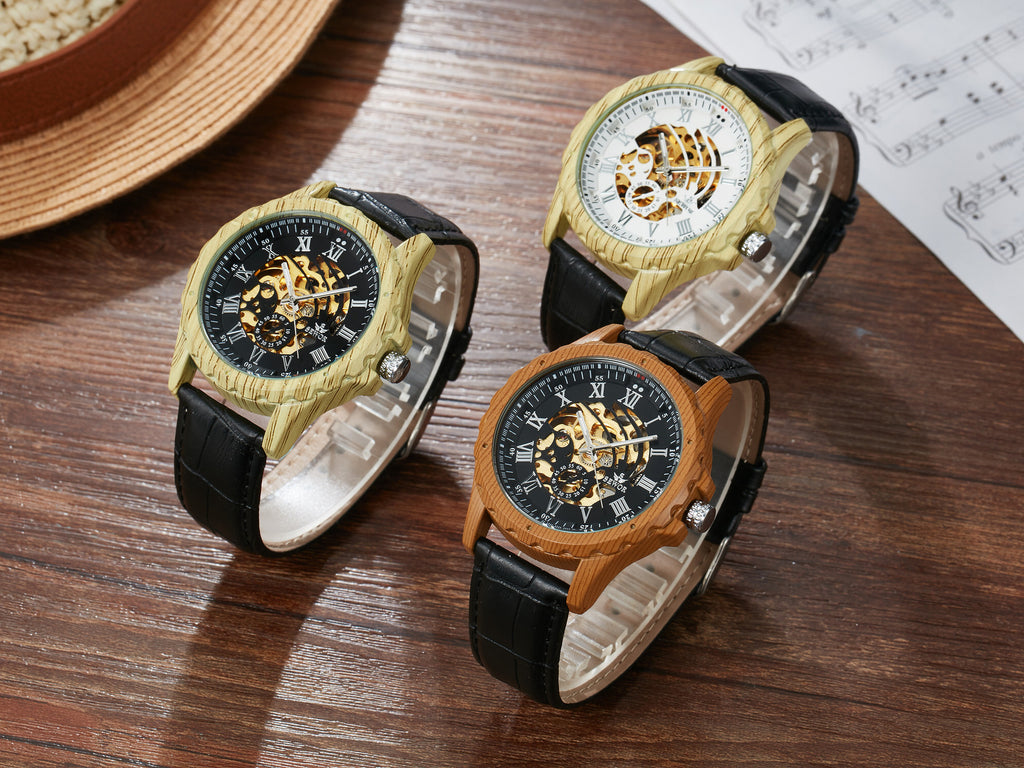 Wooden Case Automatic Mechanical Watch with Leather Strap