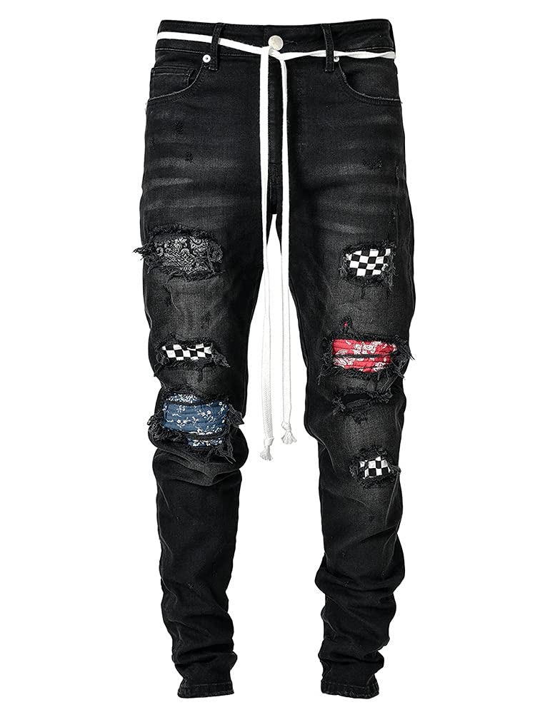 IDEALSANXUN Mens Ripped Stretch Jeans Casual Slim Fit Distressed Plaid Pattern Skinny Biker Jeans(Black 32)