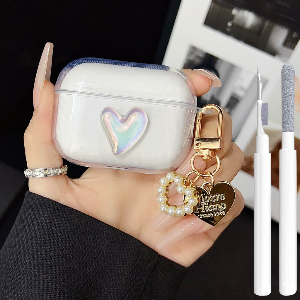 Cute AirPods Pro 2nd/1st Generation Case Clear Girly 3D Heart Design Soft TPU Protective Cover Apple iPod Pro 2/1 Case with Cleaner Kit & Keychain Girls Women Heart