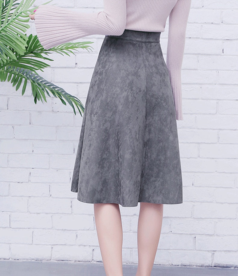 Suede Midi Skirt, High Waist Retro A-Line Women’s Skirt