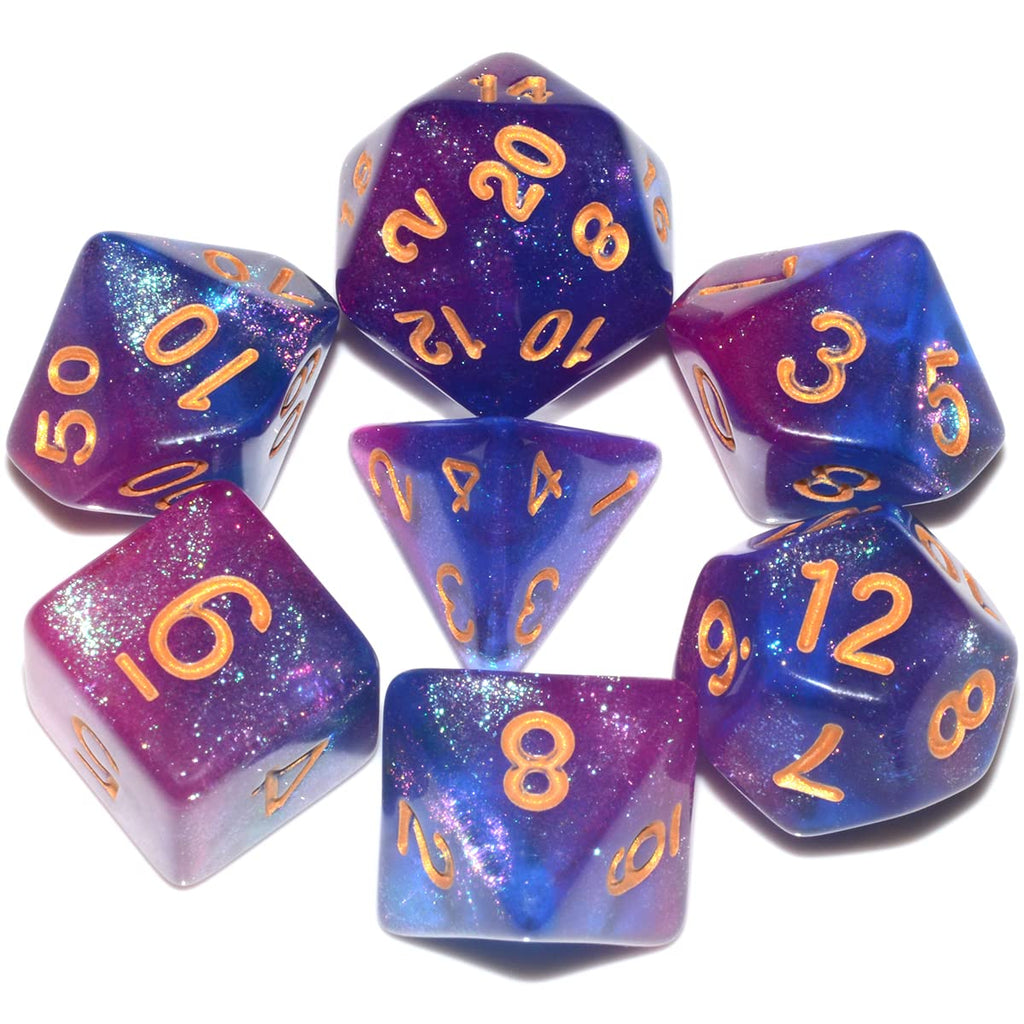 Galaxy DND Dice 7Pieces Glitter Sparkle Cosmic Purple Blue Mixed Polyhedral DND Dice for RPG MTG Table Game Dice