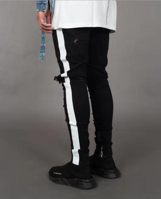 Men's Distressed Slim Fit Jeans with Side Stripes