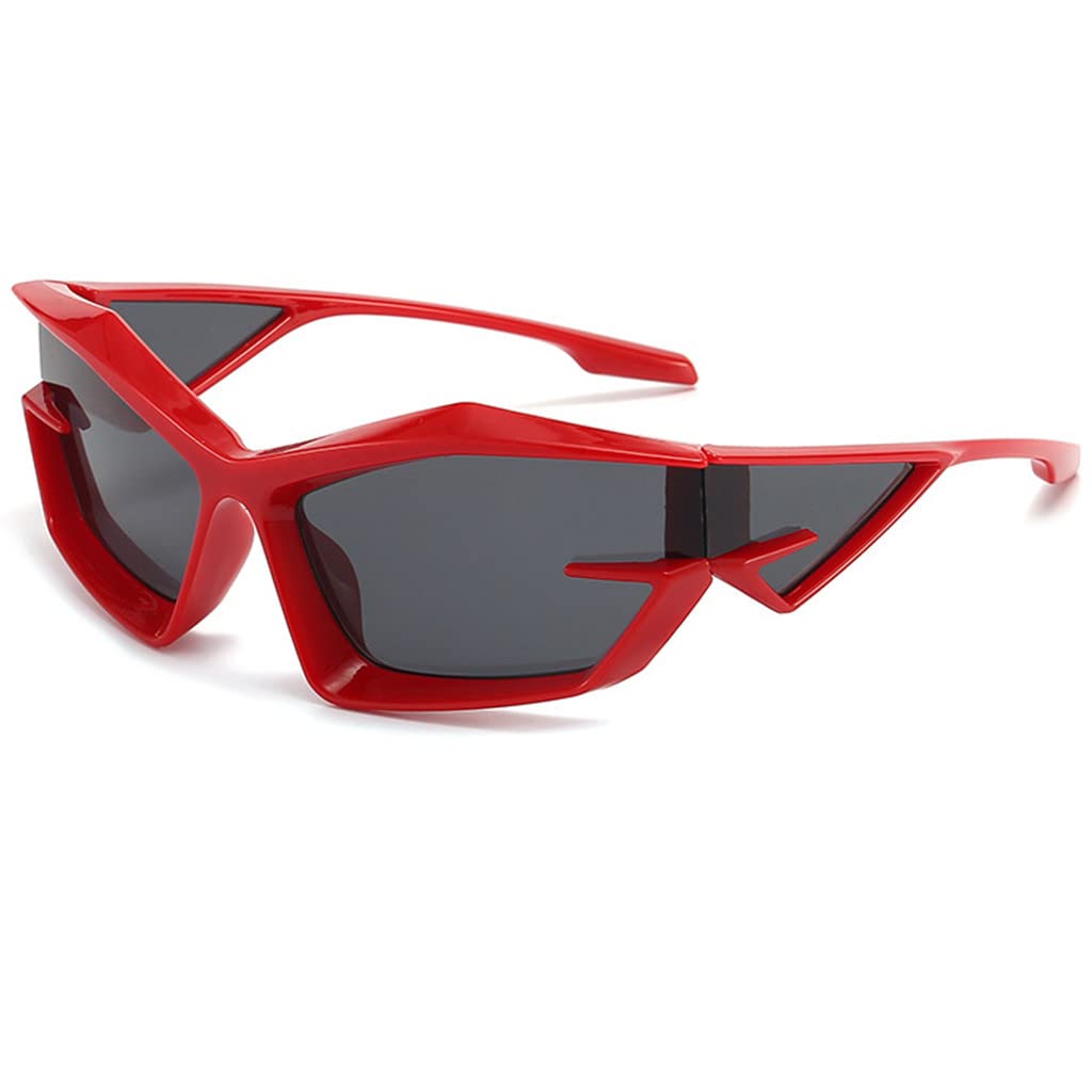 BAWUYI Cool Futuristic Y2K Sunglasses for Men Women Sports Wrap Around Shield Cat Eye Glasses Alien Space Shades (Red Frame - Grey Lens)