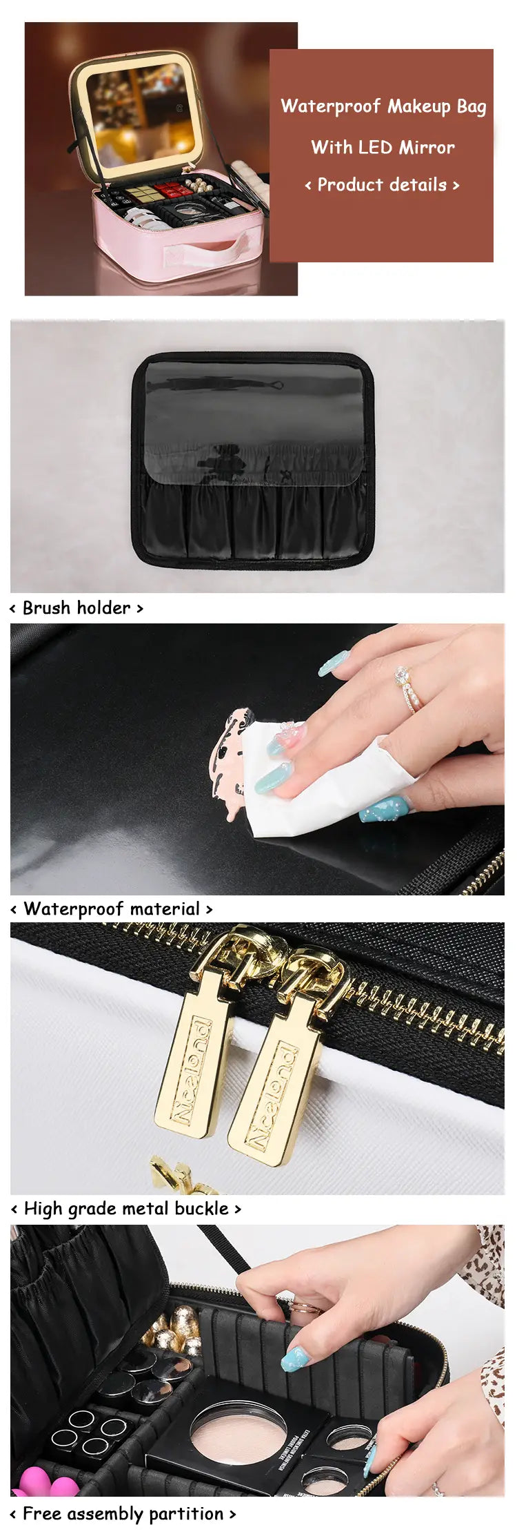 Large Capacity Makeup Bag with Mirror and Light