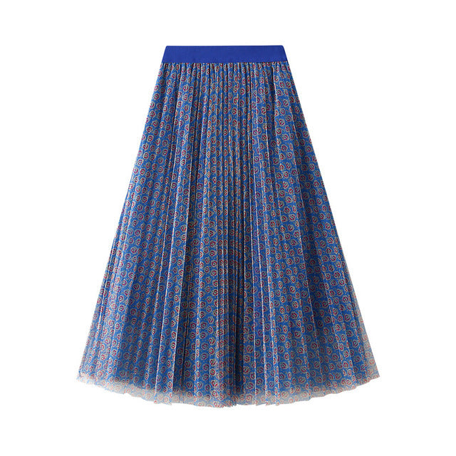 Women's High Waist Pleated Mesh A-Line Skirt