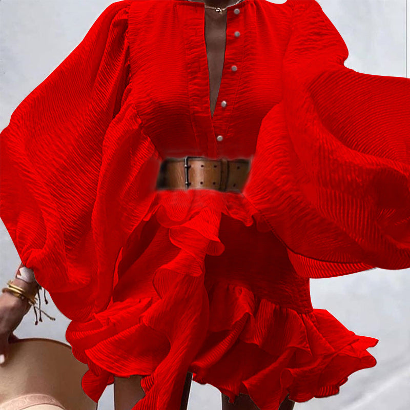 Women's Ruffled Waist Dress with Lantern Sleeves