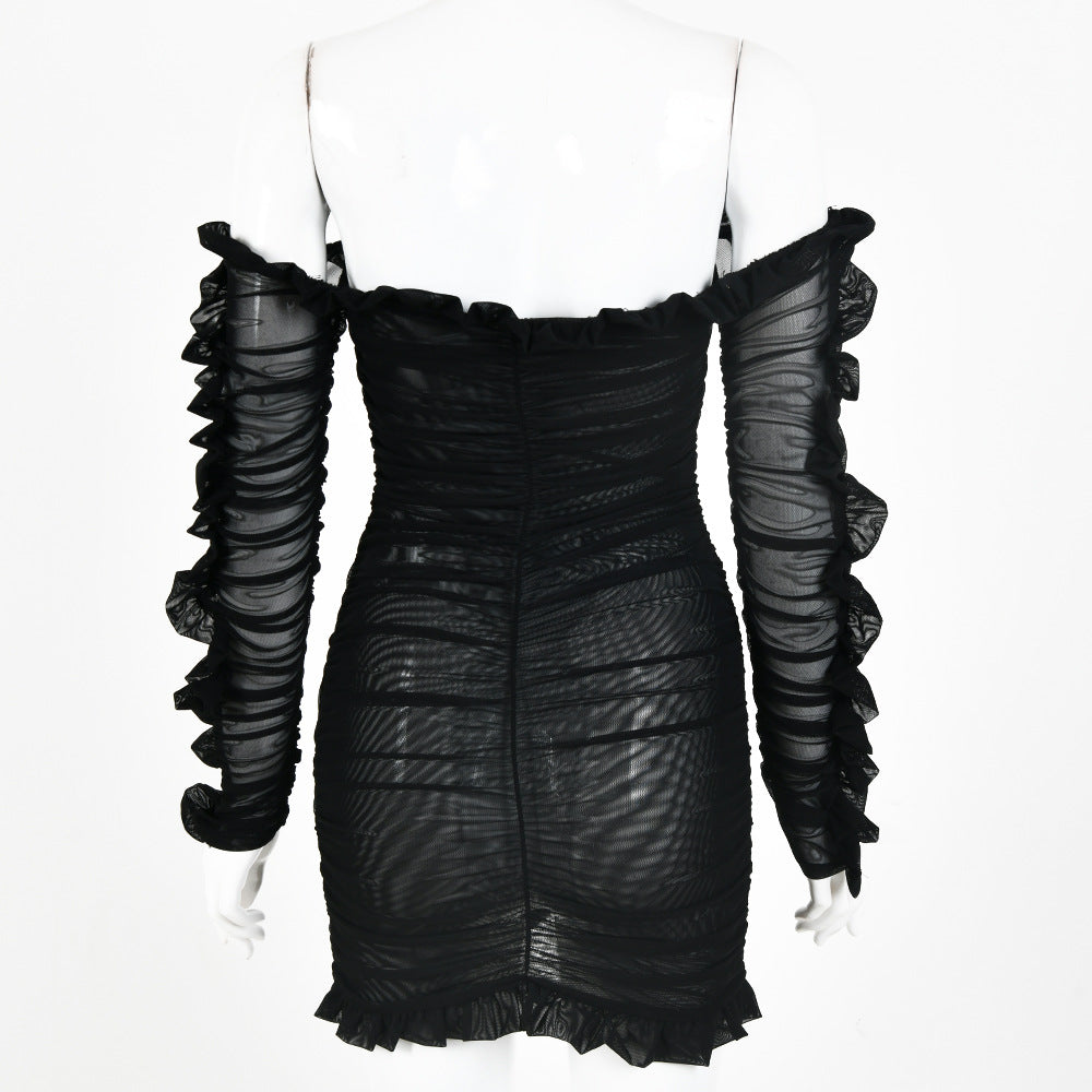 Fashionable Sheer Ruffle Long Sleeve Deep V Dress