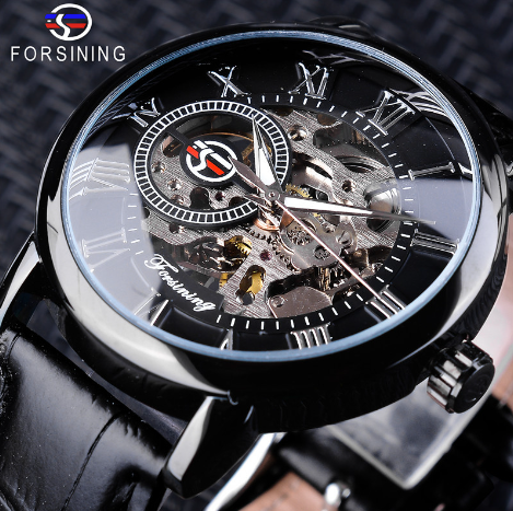 Hollow Design Manual Mechanical Watch with Leather Strap