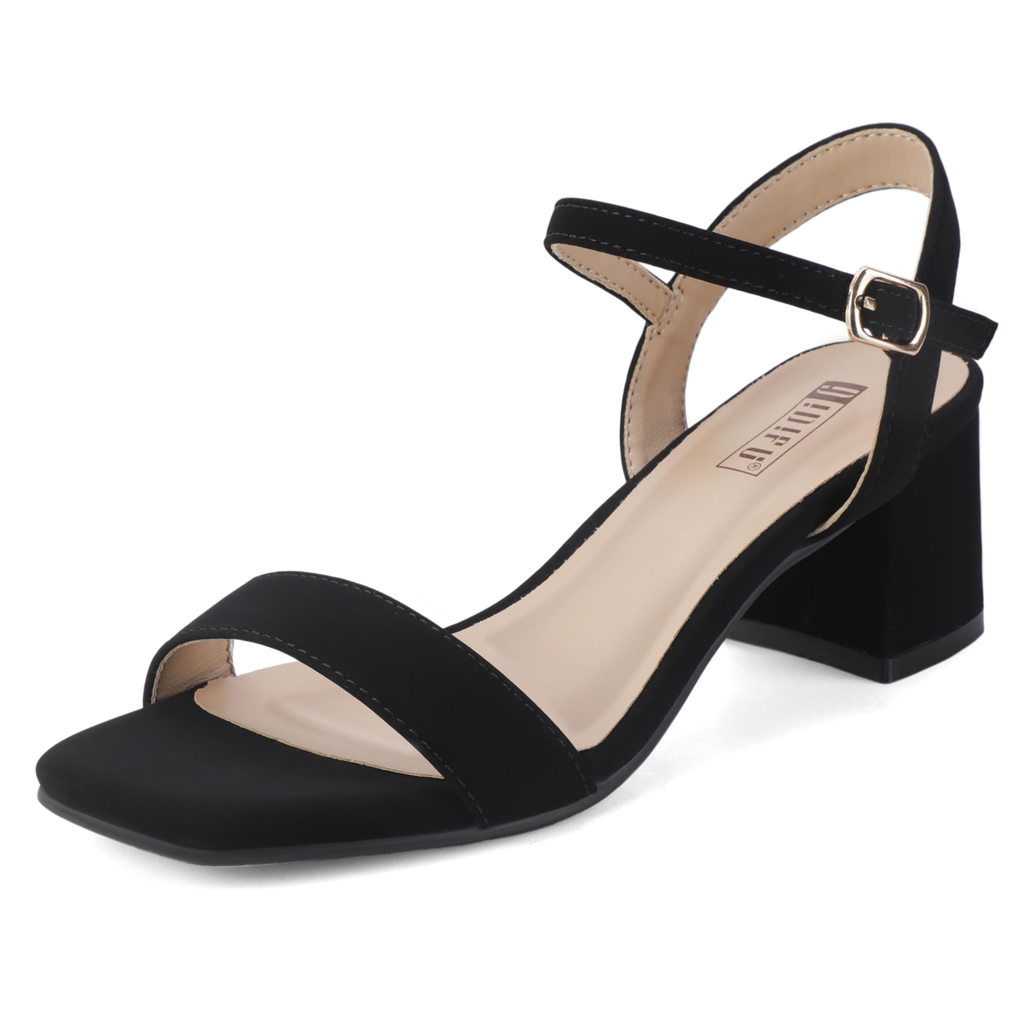 IDIFU Black Low Block Heels for Women Chunky Heels Square Open Toe Heeled Sandals Wedding Bride Prom Graduation Dress Shoes Comfortable Cute Trendy Summer Casual Ankle Strap Heels(Black Nubuck8.5)
