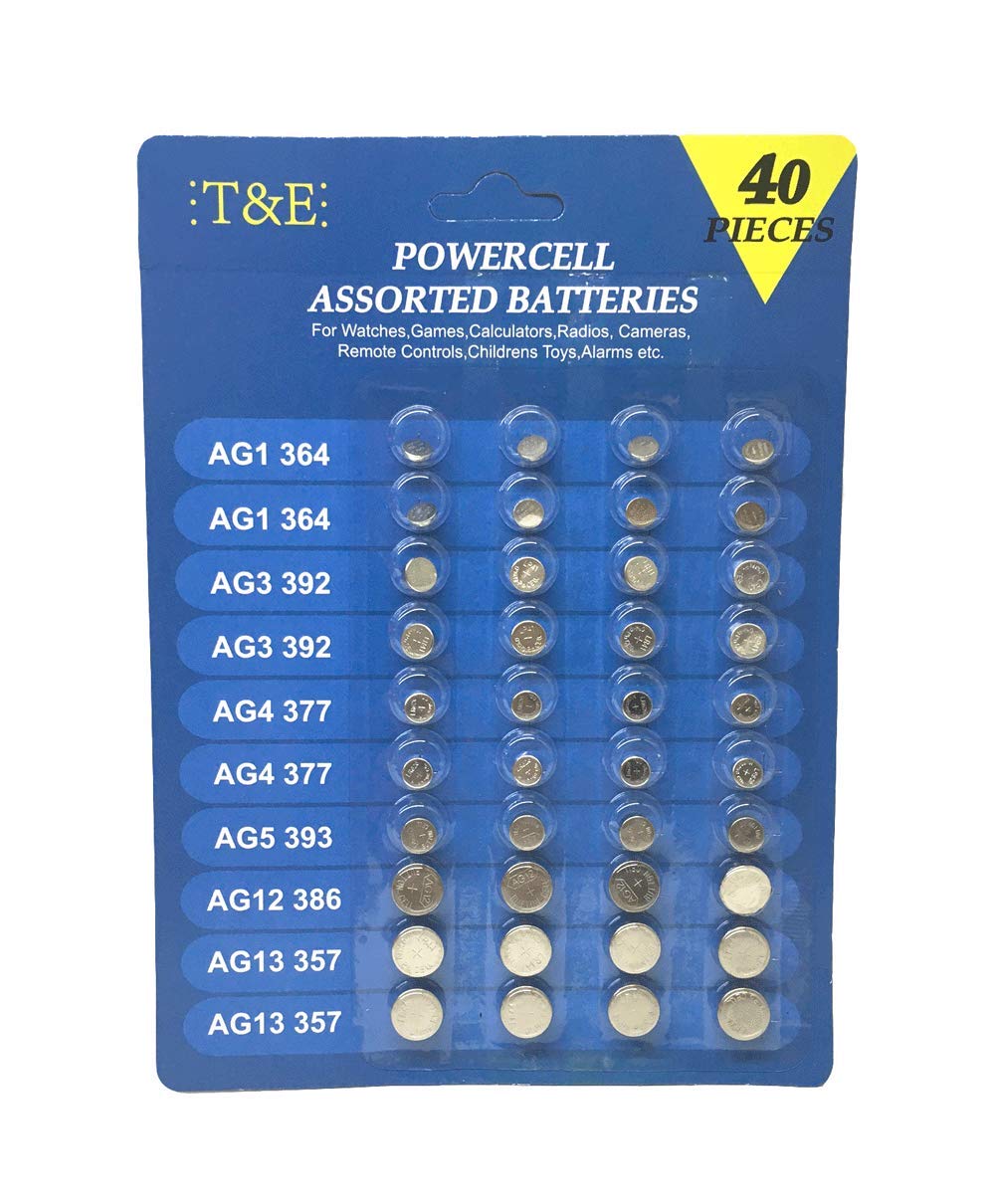 T & E 40 Piece Powercell Assorted Batteries for Watches Games Calculators Radios Cameras Remote Controls Childrens Toys Alarms