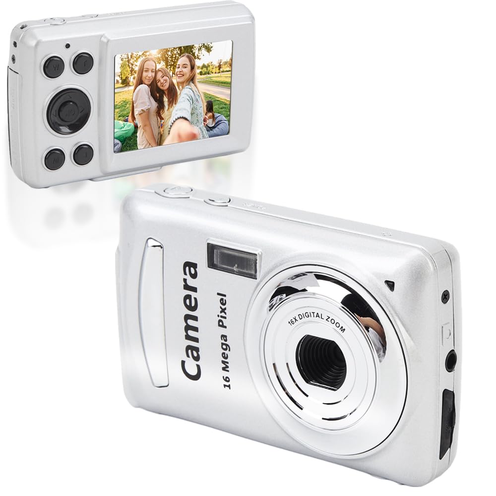 FHD 1080P Digital Camera 2.4 16MP 16X Digital Zoom Auto Focus Kid Camera Anti Shake Vlogging Selfie Mini Cameras for Boys Girls Kids Teens (Silver Gray)