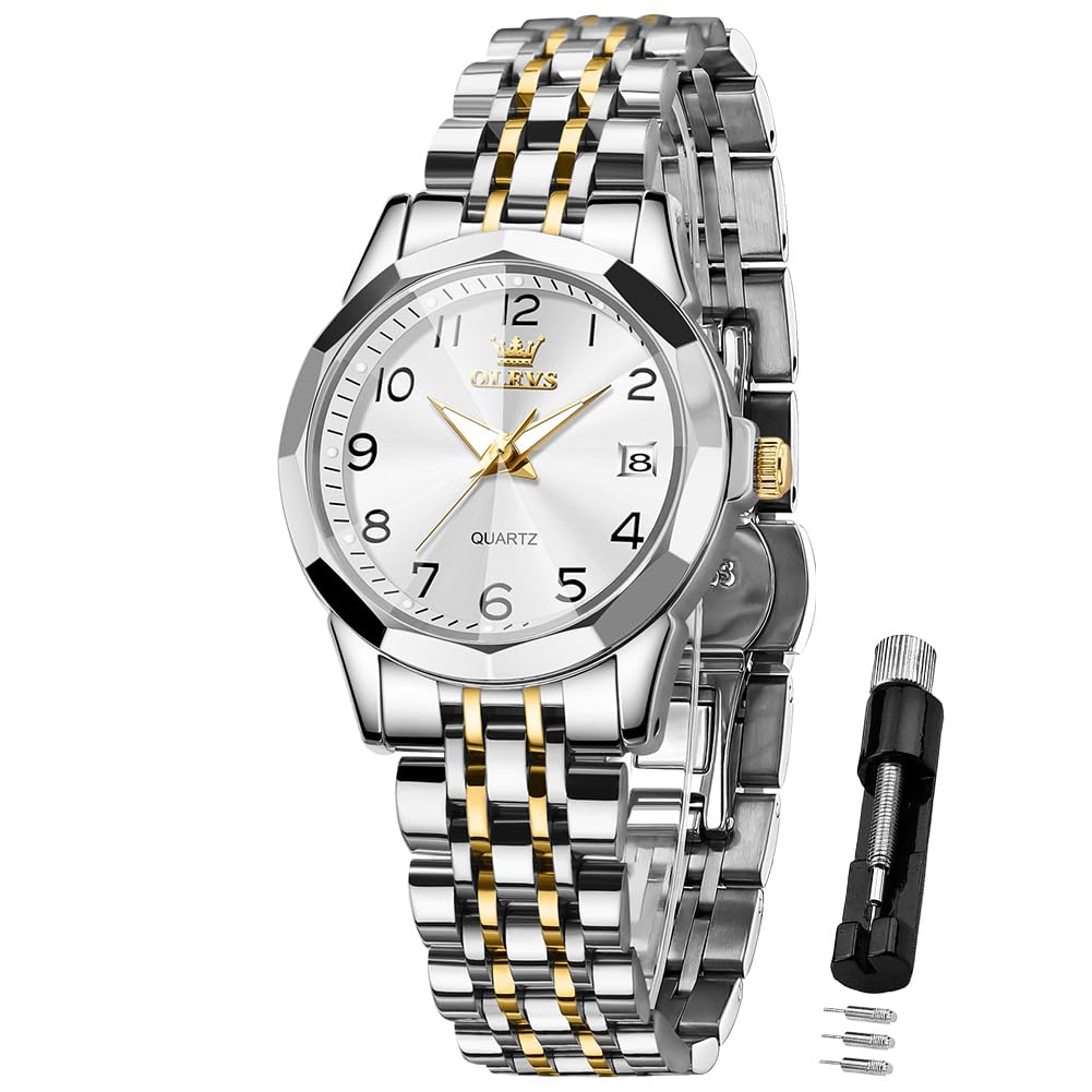 OLEVS Silver Watch for Women Number Dress Analog Quartz Small Female Watch Stainless Steel Waterproof Luminous Easy to Read Watch for Lady