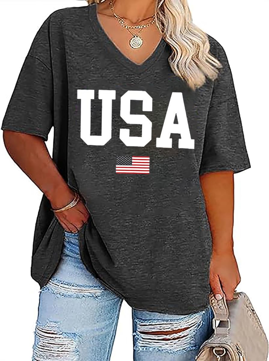 Plus Size V-Neck 4th of July T Shirt Women Distressed American Flag Graphic Tees Casual Loose Patriotic Shirts Tops (2XL Gray3)