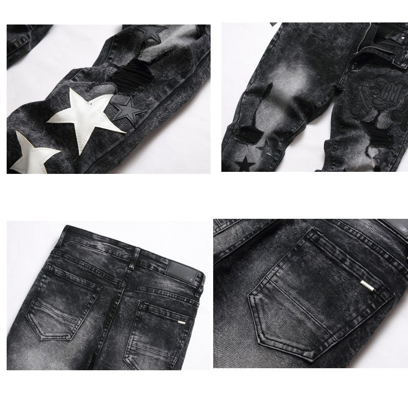 Embroidered Men's Jeans - Slim Fit Motorcycle Style
