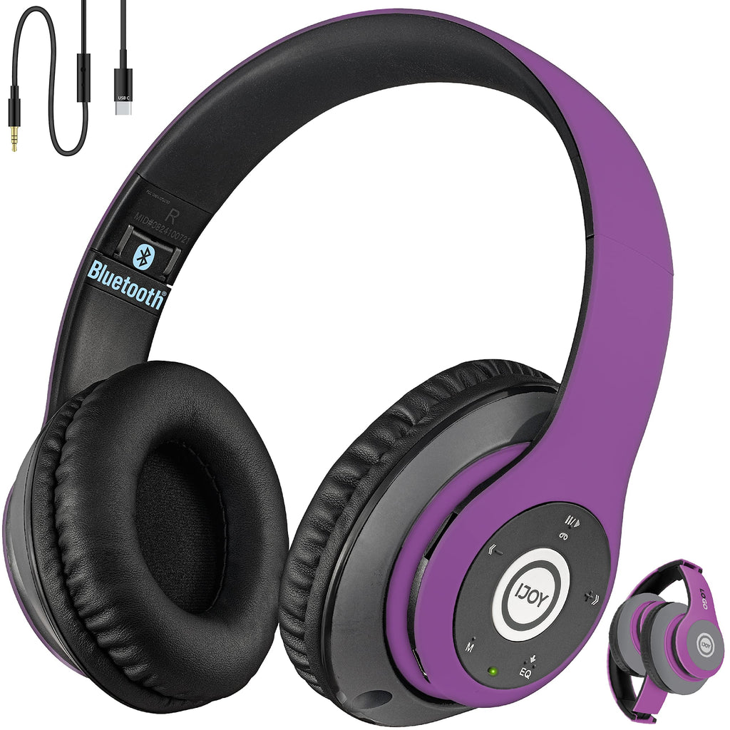 iJoy Bluetooth Headphones Over Ear Wireless and Wired Foldable Headset Built-in Microphone FM Micro SD Card Slot - (Purple) Adults Kids Men Women
