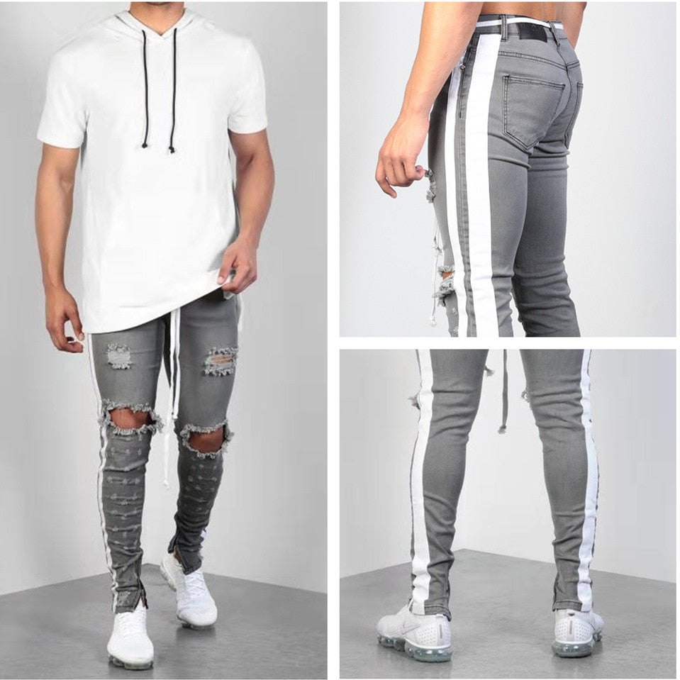 Ripped Denim Jeans with Zipper Detail and Knee Holes