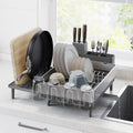 SONGMICS Large Dish Drying Rack Expandable Dish Dryer for Kitchen Counter Stainless Steel Dish Rack with Rotatable Spout Utensil Cup Glass Cutting Board Pan Holders Silver and Gray UKCS037G01