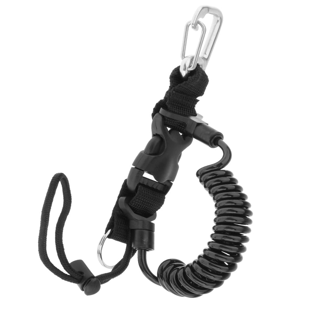 YUNNLEZT Scuba Diving Lanyard Stainless Steel Diving Spring Coiled Lanyard Clip with Webbing Strap Quick Release Buckle Great for Scuba Diving Flashlights Cameras (Black)