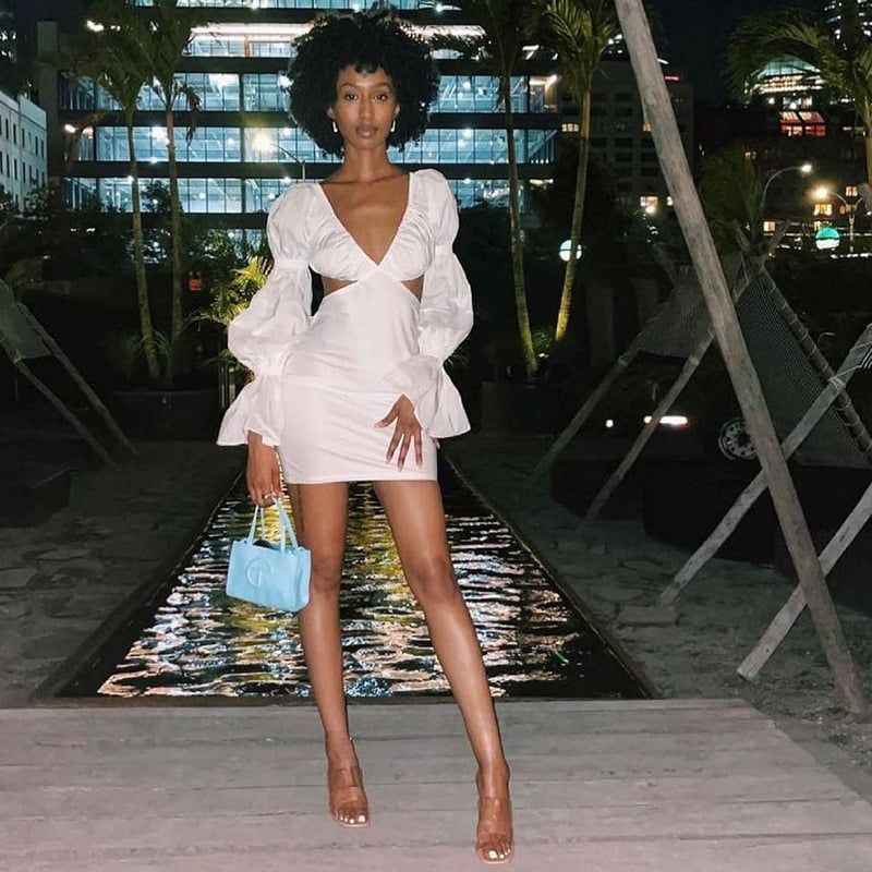 V-neck Long Sleeve Dress with Puff Sleeves and Skirt