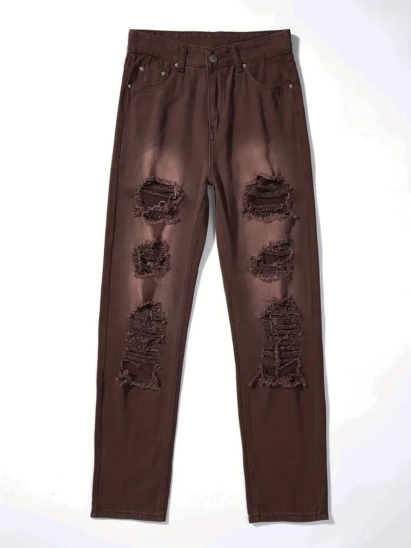 High Waist Ripped Straight Jeans with Slash Pockets