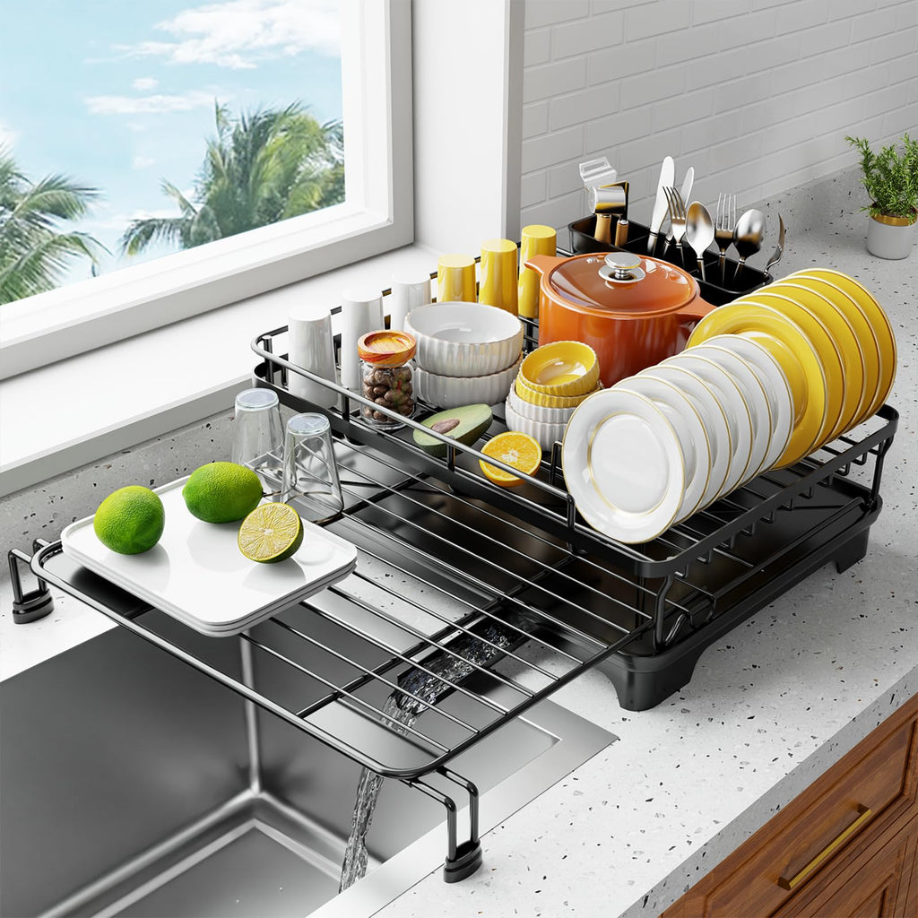 HAYOLPORS Dish Drying Rack Extendable Over The Sink Dish Racks for Kitchen Counter with Auto-Drainage Drainboard Rustproof Large Dish Drainer with Utensil Holder for Sink Storage Organizer Black