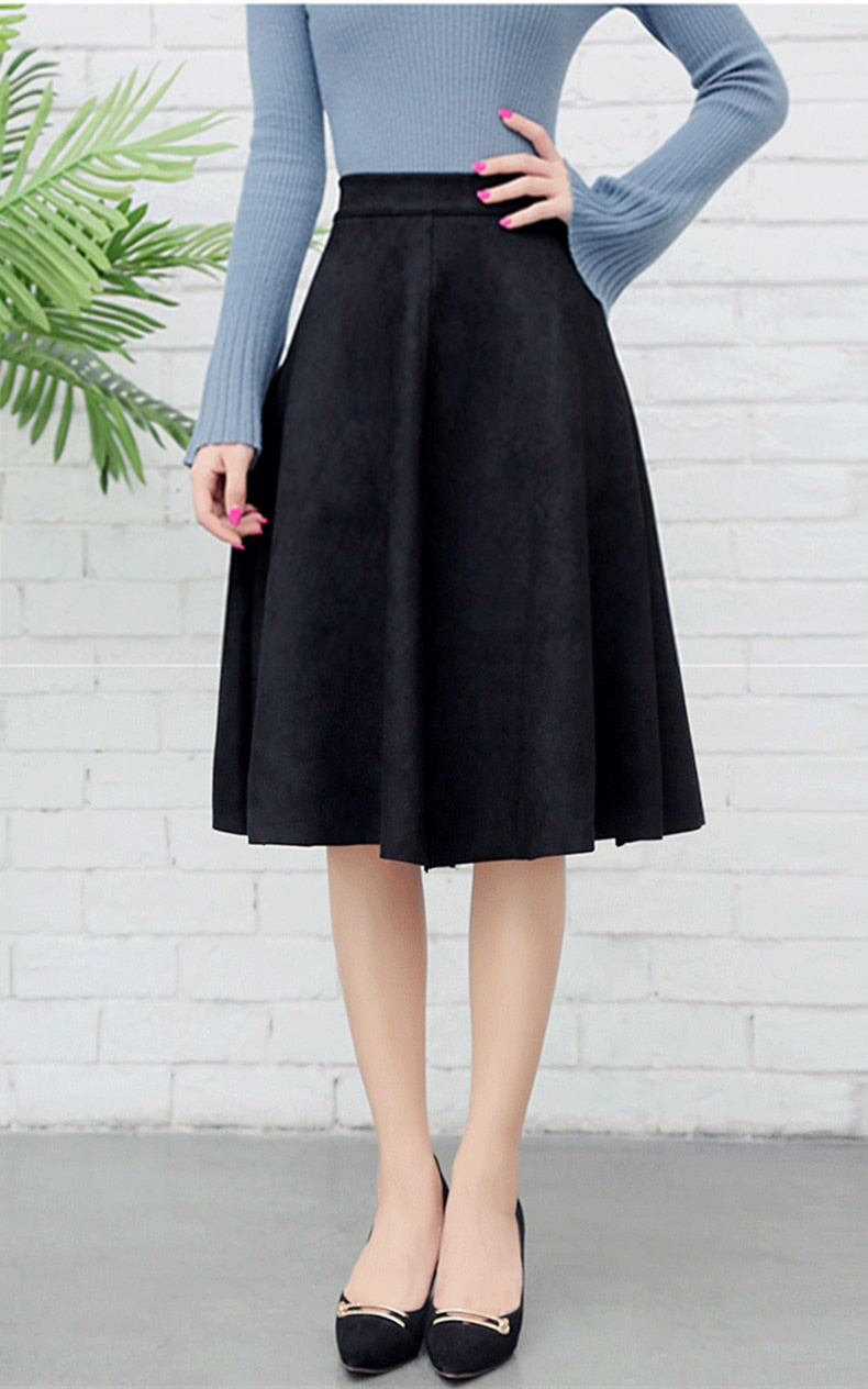 Suede Midi Skirt, High Waist Retro A-Line Women’s Skirt