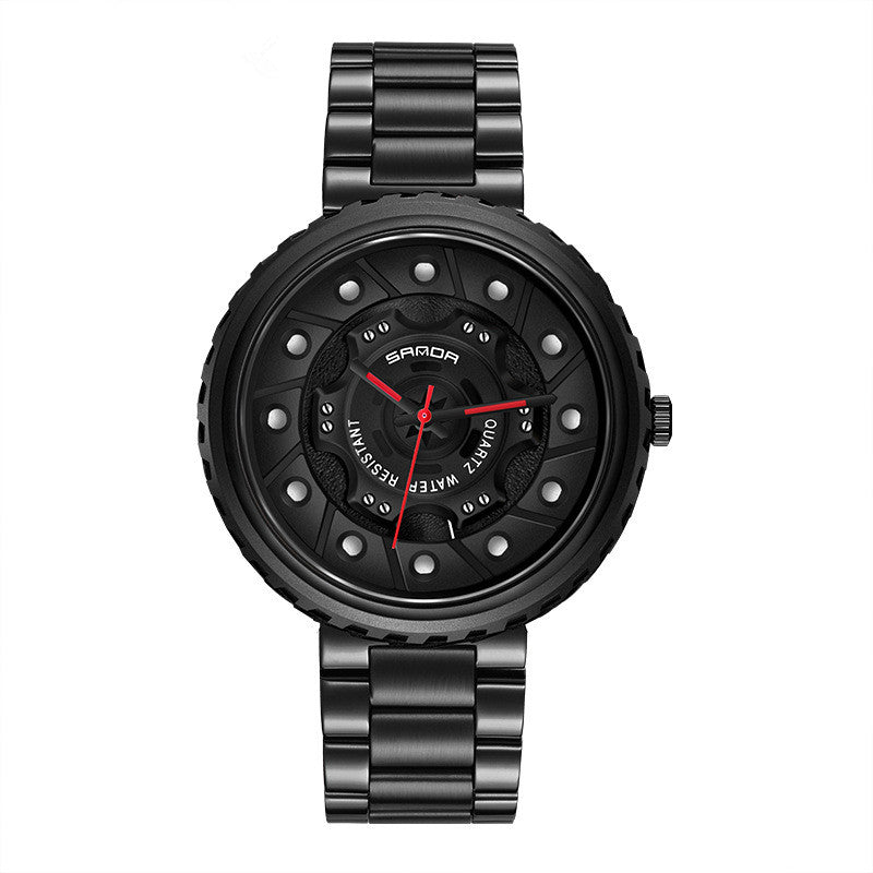 Men's Steel Band Quartz Watch with Hollow Dial Design