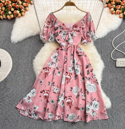 LIVA Sexy Off-Shoulder Floral Chiffon Beach Dress
