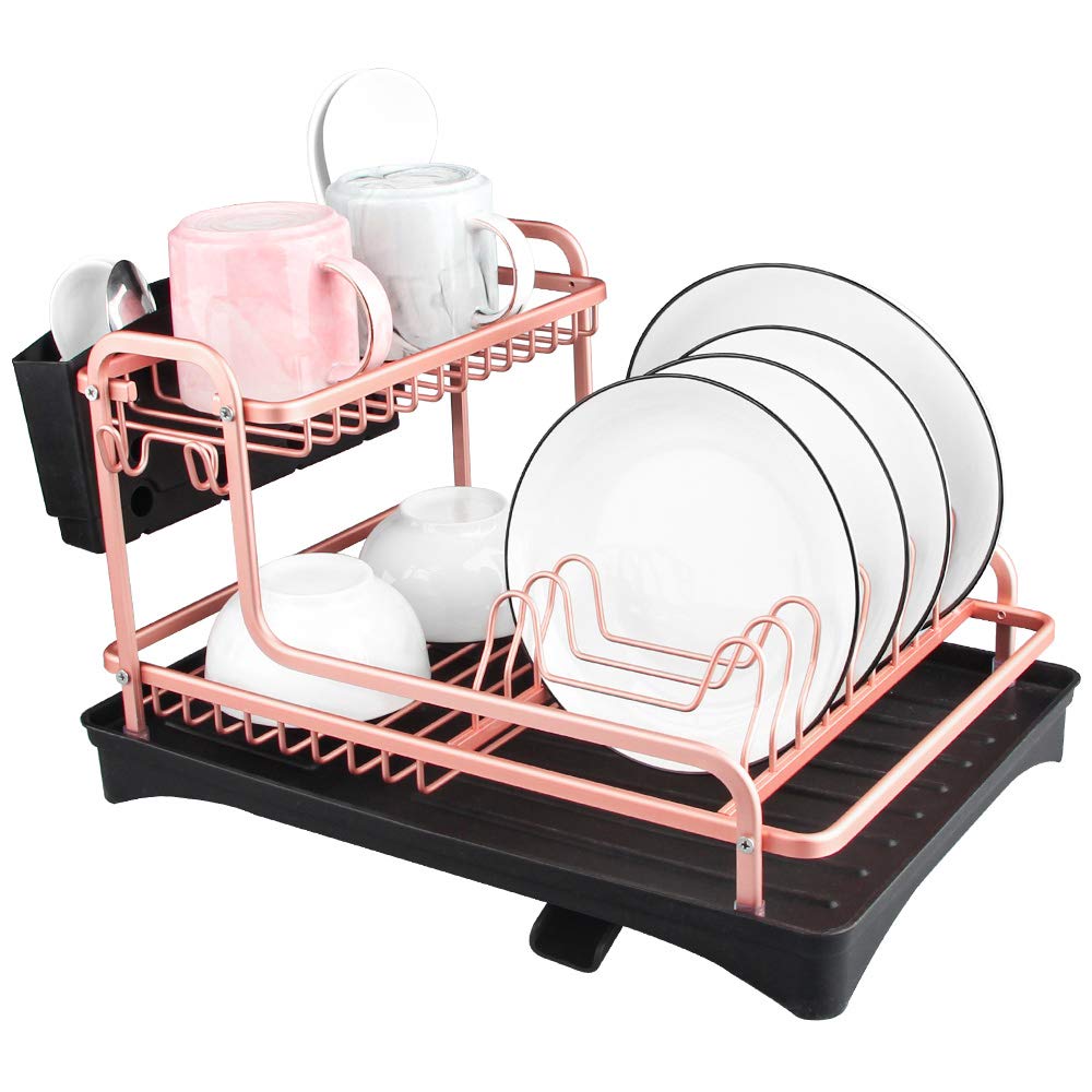 Tomorotec Never Rust Aluminum Dish Rack and Drain Board with Utensil Holder 2-Tier Kitchen Plate Cup Dish Drying Rack Tray Cutlery Dish Drainer (Matt Rose Gold)