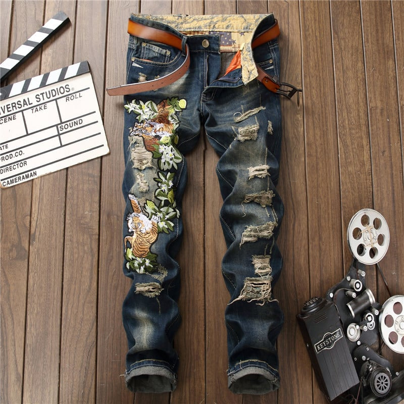 Trendy Ripped Straight Men's Jeans in European Style