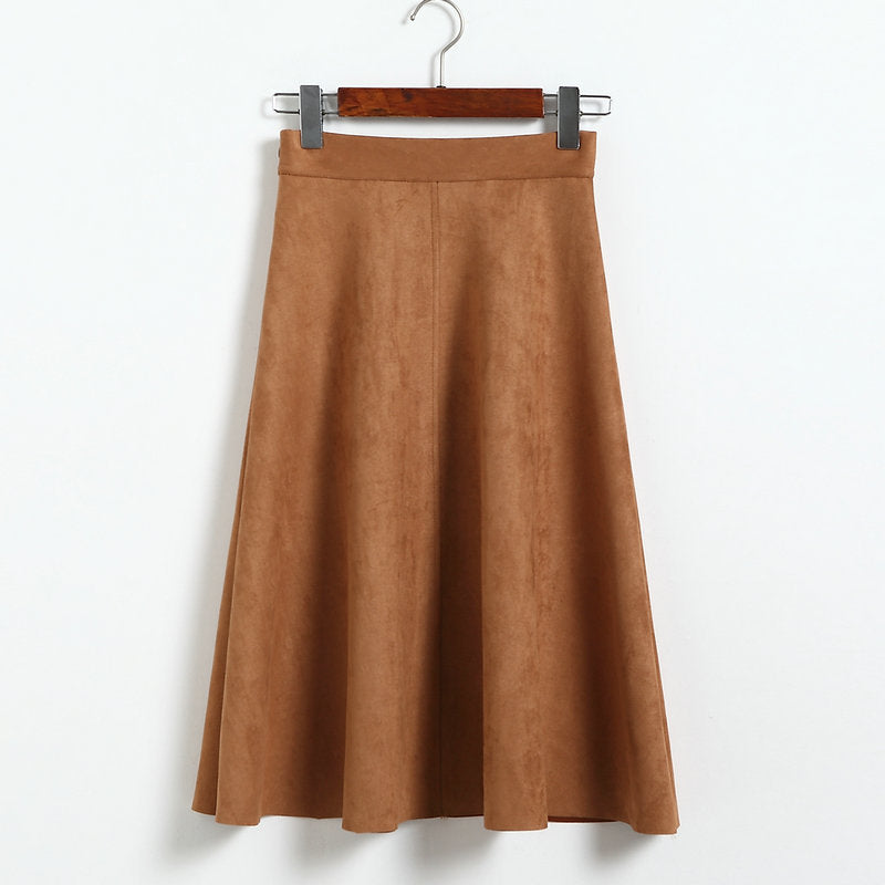 Suede Midi Skirt, High Waist Retro A-Line Women’s Skirt