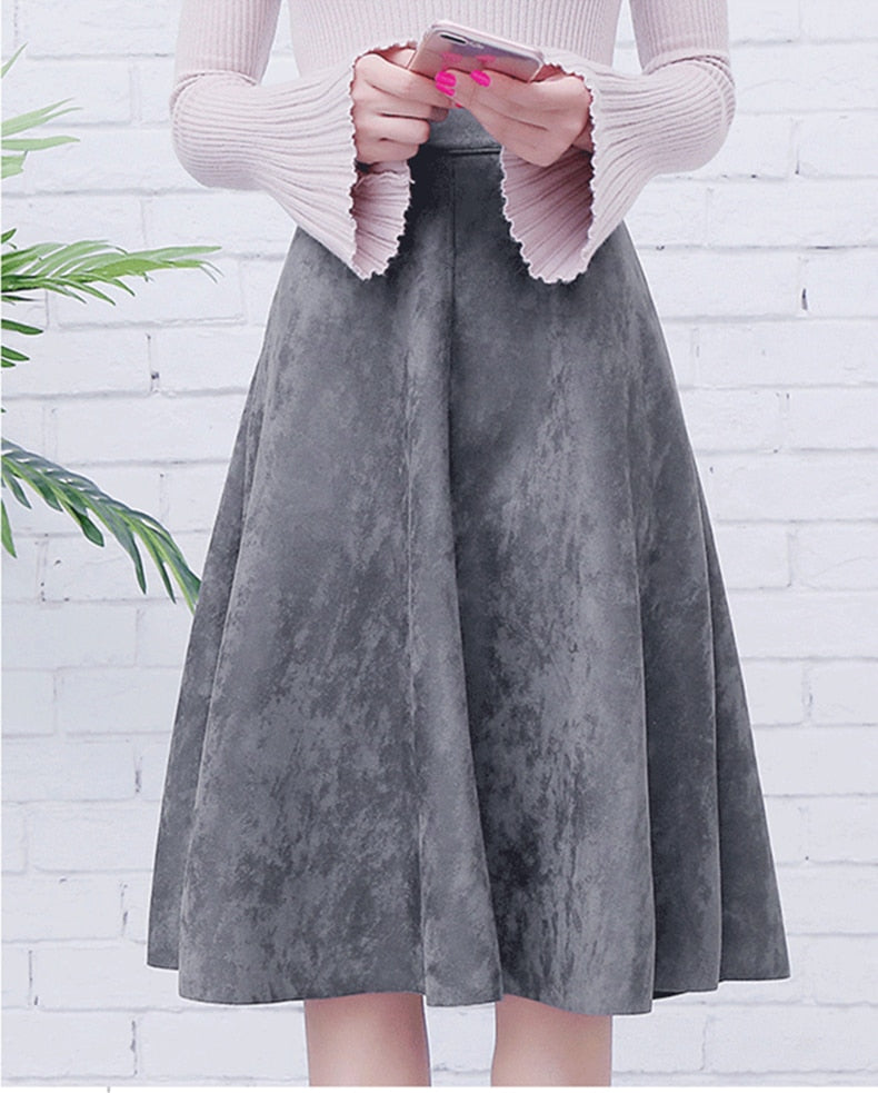 Suede Midi Skirt, High Waist Retro A-Line Women’s Skirt