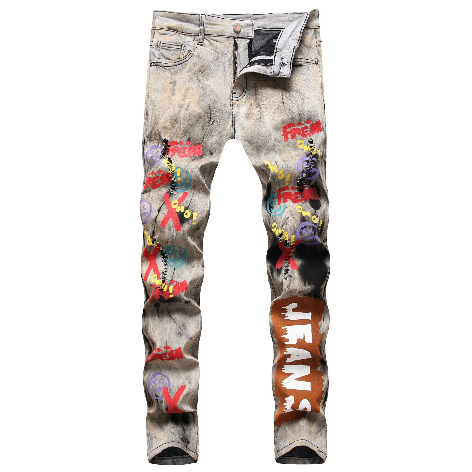 3D Printed Men's Tie-Dye Ripped Stretch Denim Jeans