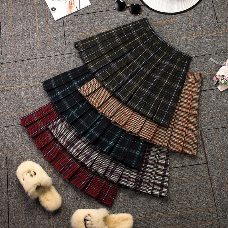 High Waist Plaid Pleated A-line Skirt for Autumn/Winter