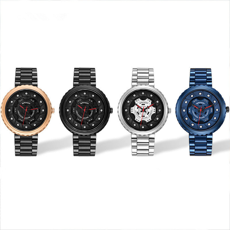 Men's Steel Band Quartz Watch with Hollow Dial Design