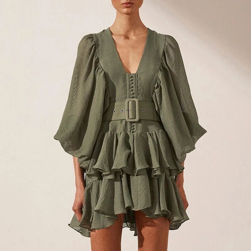 Layered Ruffled V-Neck Dress with Fake Lantern Sleeves