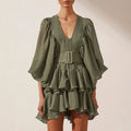 Layered Ruffled V-Neck Dress with Fake Lantern Sleeves