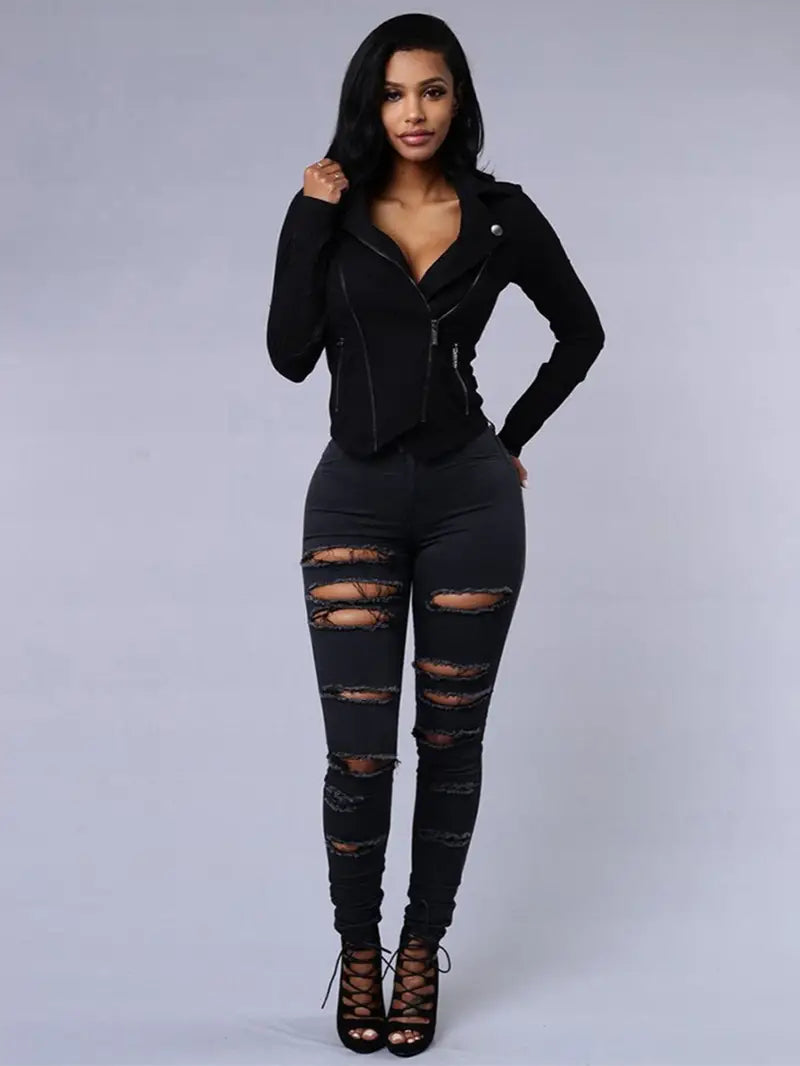 Ripped High Waist Skinny Jeans with Slash Pockets