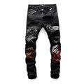 Men's Slim Fit Black Patch Jeans in Hong Kong Style