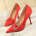 Satin Pointed Toe High Heel Shoes with Rhinestone Buckle