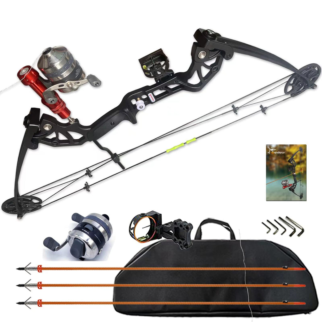 PANDARUS Bowfishing Bow Kit with Arrow Ready to Shoot Right Handed 15-45 LBS Draw Length 18"-29.5" AdjustableAxle-to-Axle: 34.2"Complete Compound Bow Fishing Kit 2024 New（Black Right Handed）