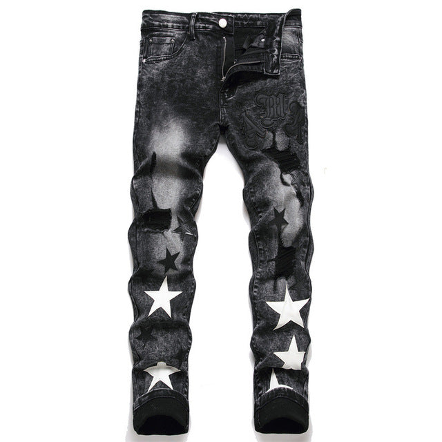 Embroidered Men's Jeans - Slim Fit Motorcycle Style