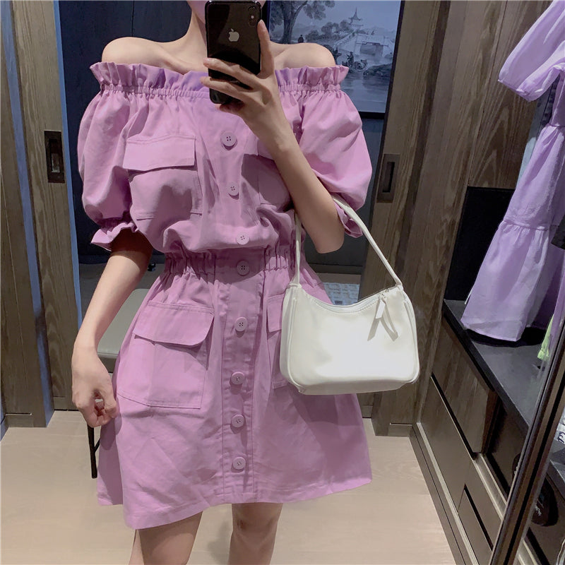 French Style Off-Shoulder Puff Sleeve Dress for Women