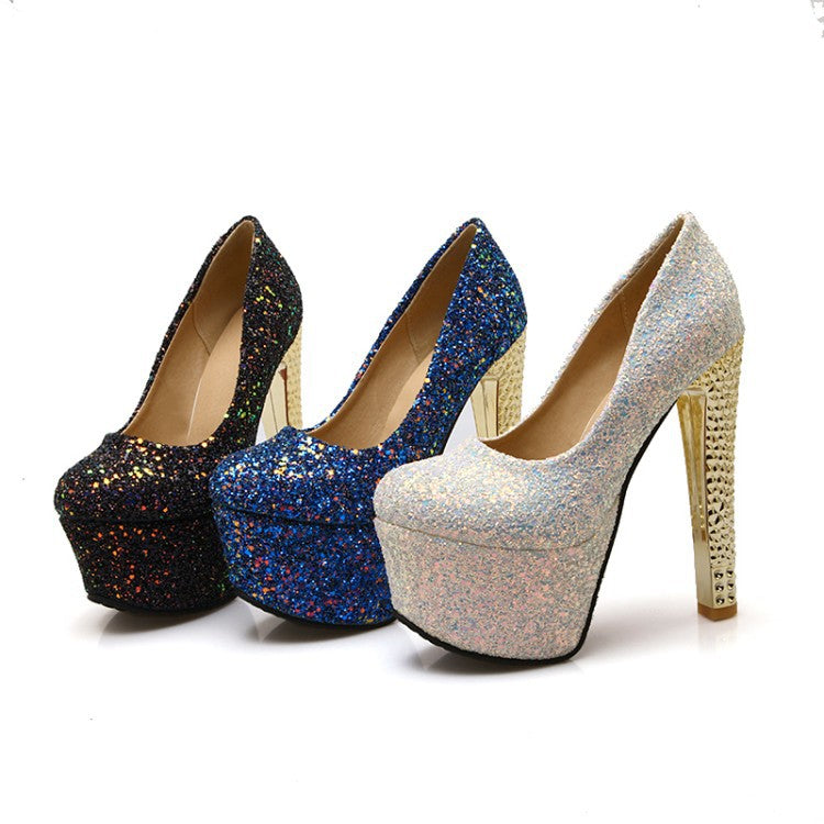 Sexy High Heels with Waterproof Platform and Sequins