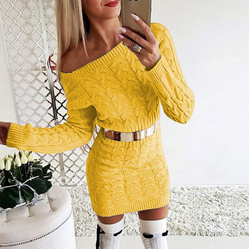Off-Shoulder Knit Dress with Fluo Color Cable Design