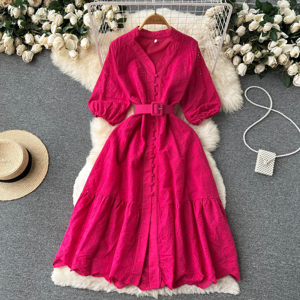 V-Neck Hollow Out Dress with Puff Sleeves and Embroidery
