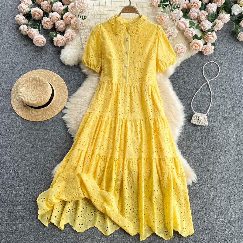 Bohemian Summer Dress with Hollow Embroidery and Puff Sleeves